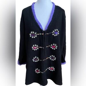 STORYBOOK KNITS Be Jeweled Mardi Gras Black Zip Up Sweater Cardigan Plus 2x